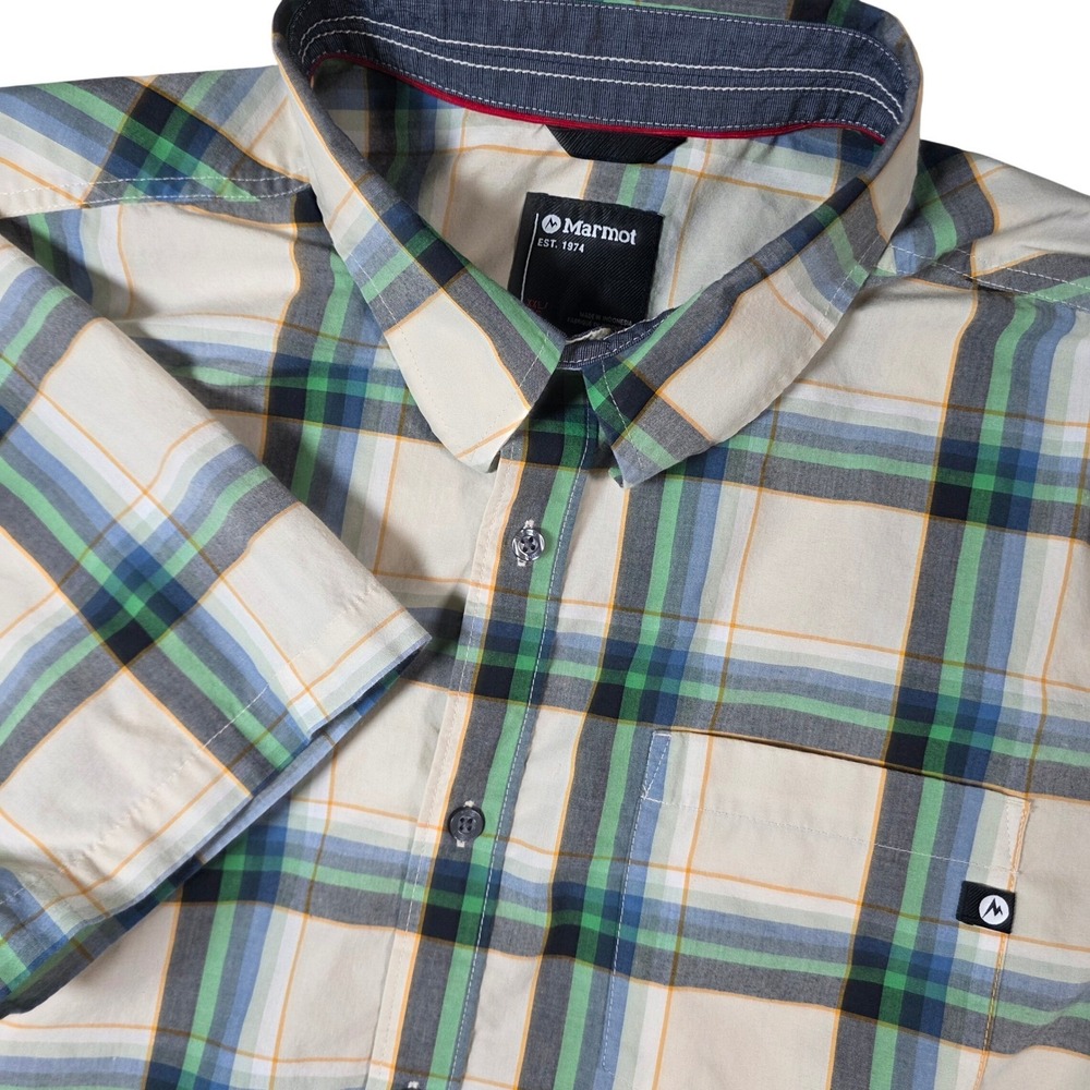 Marmot Button Up Shirt Mens XXL Green Blue Plaid Short Sleeve N44110‎